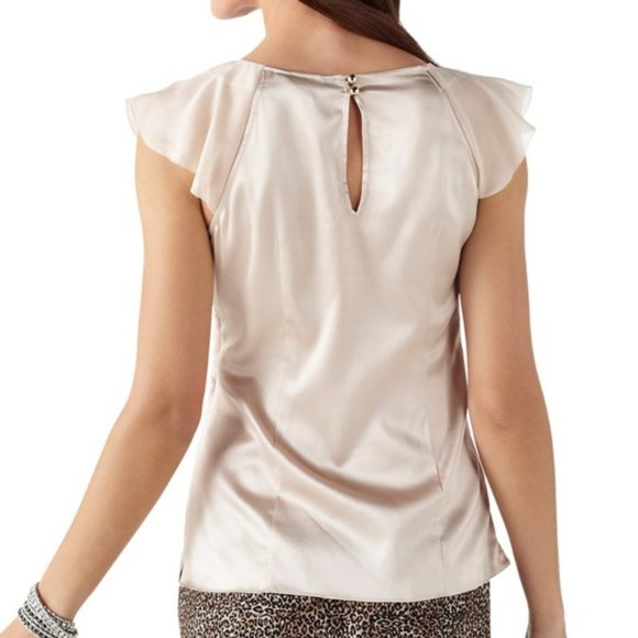 NEW WHBM Silk Stretch Cascading Ruffle Blouse Top, Champagne Shell, Size 12 - Picture 3 of 14